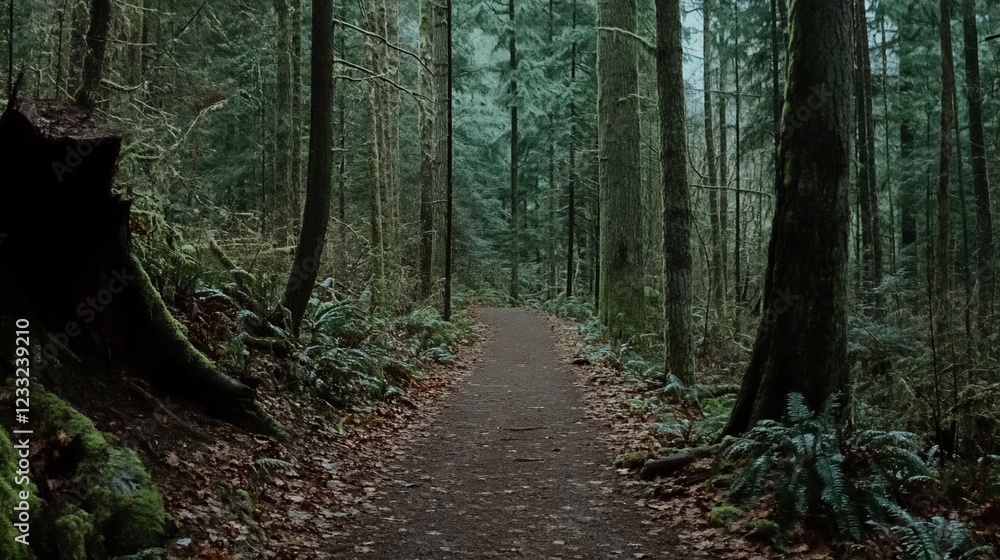 A tranquil trail winds through a dense forest with towering trees and fallen leaves A tranquil trail winds through a dense forest with towering trees and fallen leaves