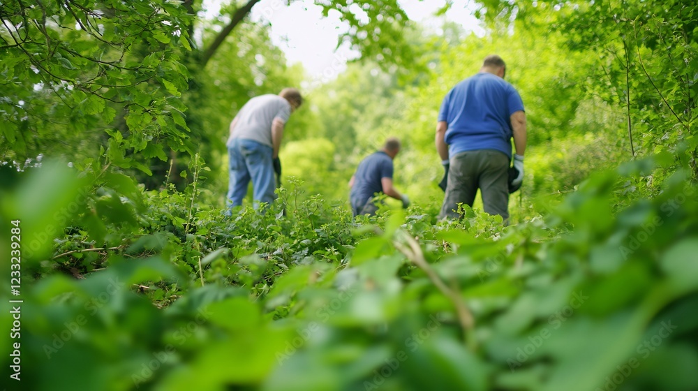 Volunteers clearing ivy, woodland, community Volunteers clearing ivy, woodland, community