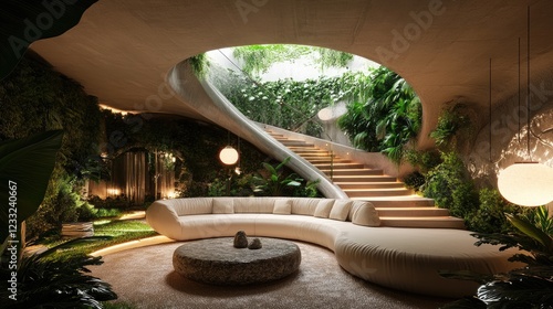 Curved Interior Design with a Lush Green Wall and Staircase