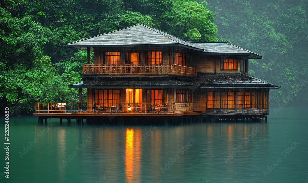 Fototapeta premium A serene wooden house on stilts surrounded by lush greenery and calm water.