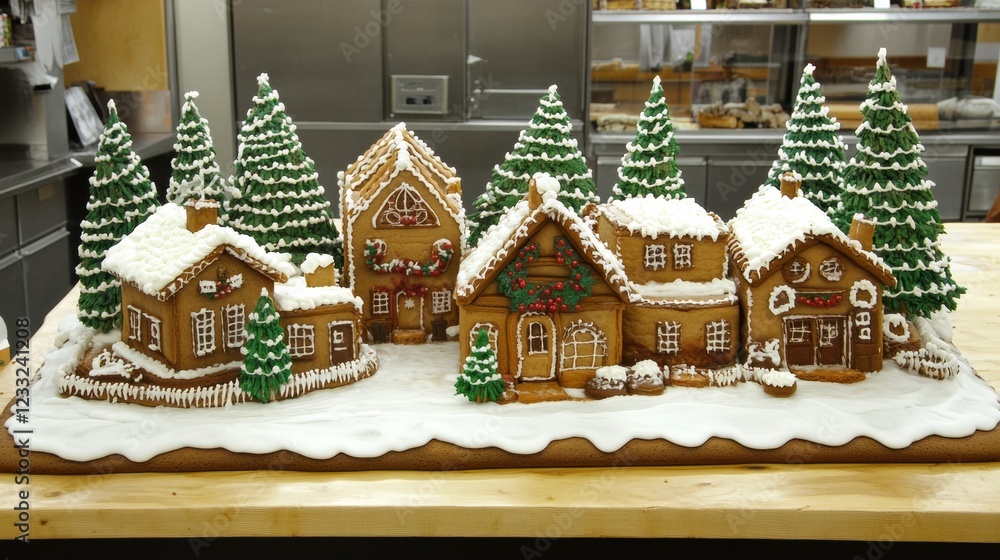 A large gingerbread village with snow-covered roofs and trees, set on a wooden table. A large gingerbread village with snow-covered roofs and trees, set on a wooden table.