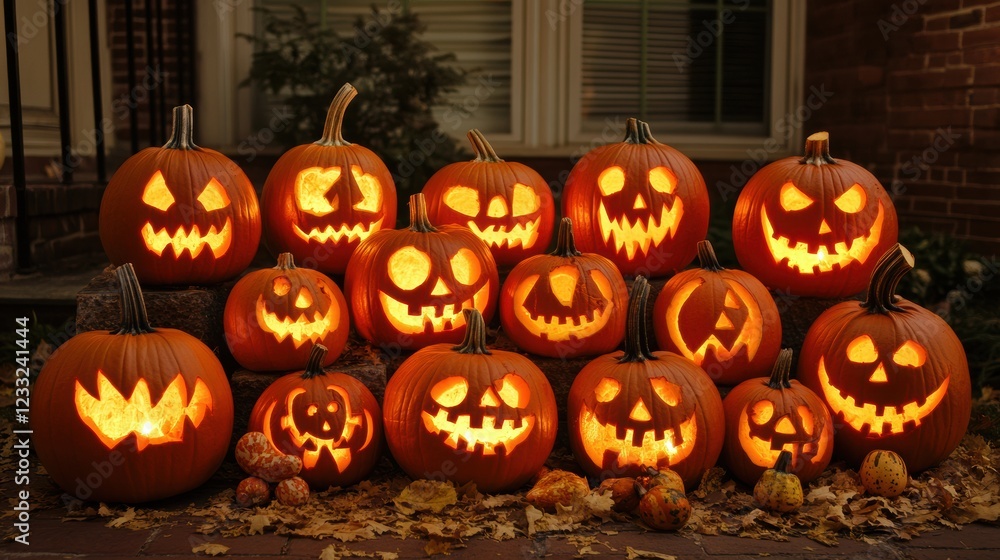 A Halloween scene with pumpkins and gourds. A Halloween scene with pumpkins and gourds.