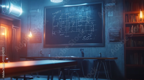 Detailed Classroom Scene with Chalkboard and Cozy Atmosphere