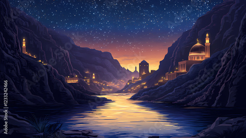 Mecca pilgrimage scene midnight desert stars islam spiritual journey. Midnight Canyon. Illustration photo