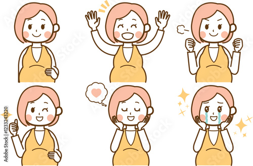 嬉しい感情の妊娠中の女性のイラストセット