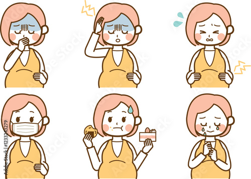 様々な体調の妊娠中の女性のイラストセット
