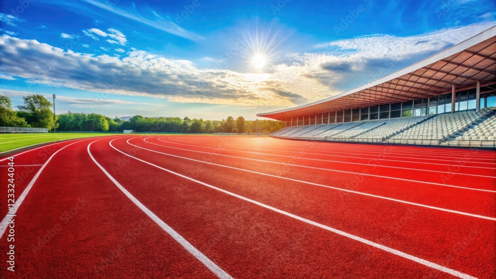 Vibrant Red Running Track in Stadium with Numbers, Sports Field, Athletic Competition, Fitness, Outdoor Stadium, Track and Field, Sport Event, Running Lane, Vibrant Red Running Track in Stadium with Numbers, Sports Field, Athletic Competition, Fitness, Outdoor Stadium, Track and Field, Sport Event, Running Lane,