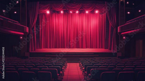 Empty Theater Stage with Red Curtains and Soft Stage Lighting