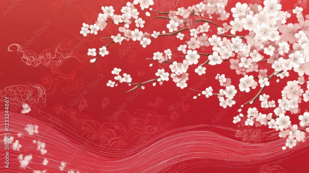 Cherry Blossom Petals Flowing Across Red Background with Swirls Cherry Blossom Petals Flowing Across Red Background with Swirls
