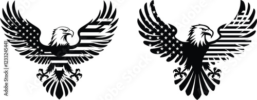 Set of bald American eagle with flag vector illustration, Patriotic eagle with American flag wings, vintage style for emblem, poster, label, badge. Symbols of the USA. Independence Day.