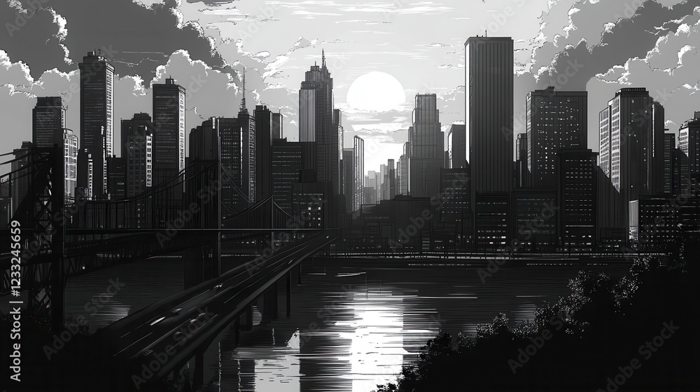 Fototapeta premium City Skyline at Sunset with Dramatic Clouds and Reflective Water