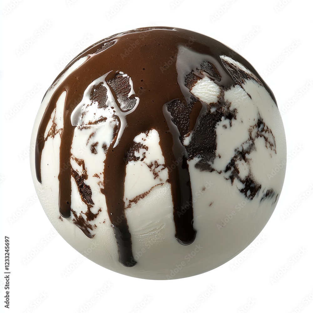 Fototapeta premium Chocolate drizzled ice cream scoop, dessert, sweet treat, food photography, white background