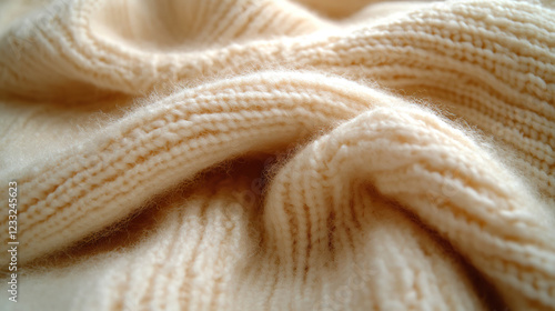 Cream-colored knitted wool sweater with warm and cozy texture. Generated with AI.