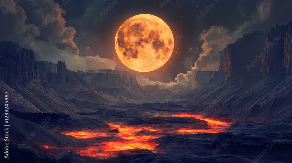 Artistic representation of a moon glowing with fiery light above a textured canyon landscape. Midnight Canyon. Illustration Artistic representation of a moon glowing with fiery light above a textured canyon landscape. Midnight Canyon. Illustration