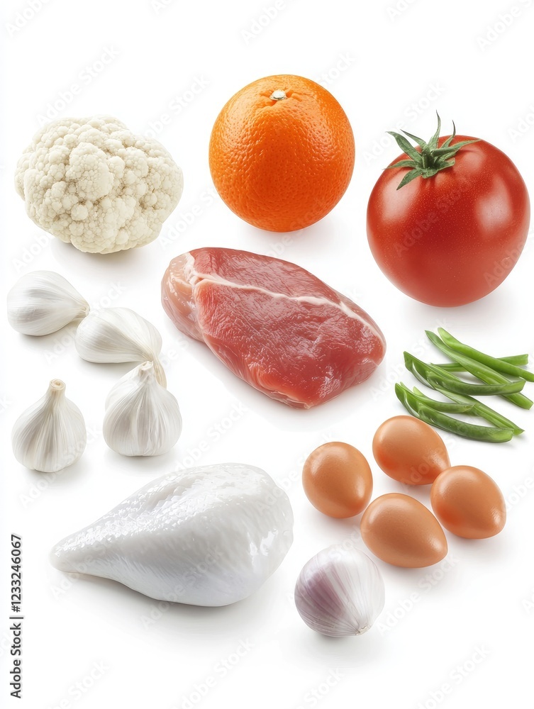 Healthy food ingredients, studio shot, white background, recipe preparation