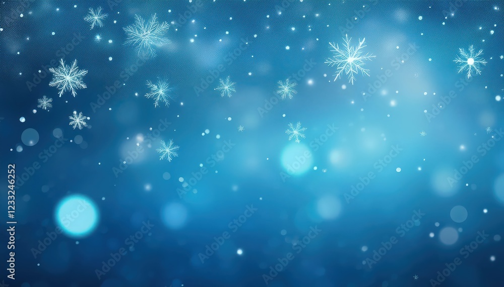 Fototapeta premium Enchanting Light Blue Bokeh Backdrop with Delicate Snowflakes Dancing over an Abstract Winter Scene, Inspiring a Sense of Calm and Tranquility.