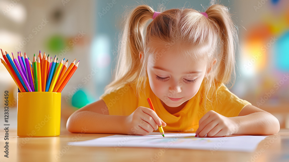 Young girl enjoys coloring with vibrant pencils at a table Young girl enjoys coloring with vibrant pencils at a table