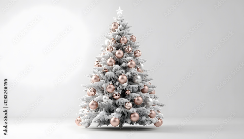 Snow covered Christmas tree with rose gold ornaments Snow covered Christmas tree with rose gold ornaments