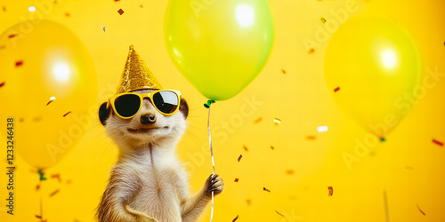 Cute funny meerkat wearing sunglasses and hat, holding happy birthday balloons against colorful confetti flying around. Vibrant yellow background banner greeting card invitation.