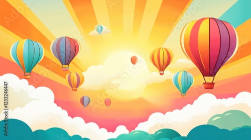 Colorful Hot Air Balloons Flying Over Vibrant Sunrise Sky