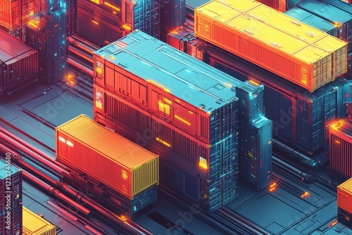 Abstract futuristic shipping containers, vibrant colors. Illustrates global trade, logistics, and technology. photo