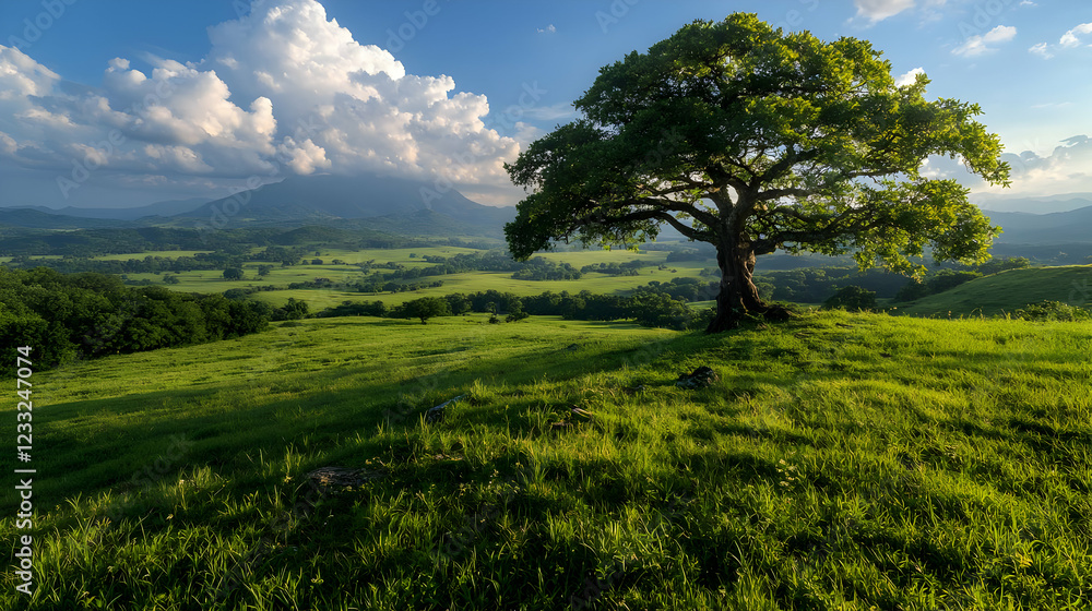 Fototapeta premium Lone tree on hilltop, mountain vista, summer sunlight, peaceful landscape, nature photography