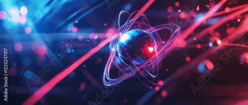 In a 3D illustration, electrons circle a nucleus composed of red and blue spheres, representing the basic structure of matter photo