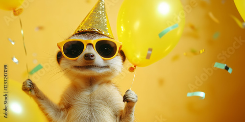 Cute funny meerkat wearing sunglasses and hat, holding happy birthday balloons against colorful confetti flying around. Vibrant yellow background banner greeting card invitation.