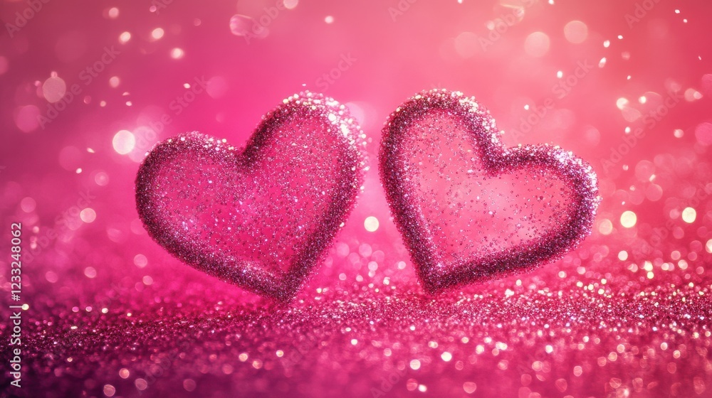 Fototapeta premium Sparkling Pink Hearts on Soft Glittery Background for Romantic Moments