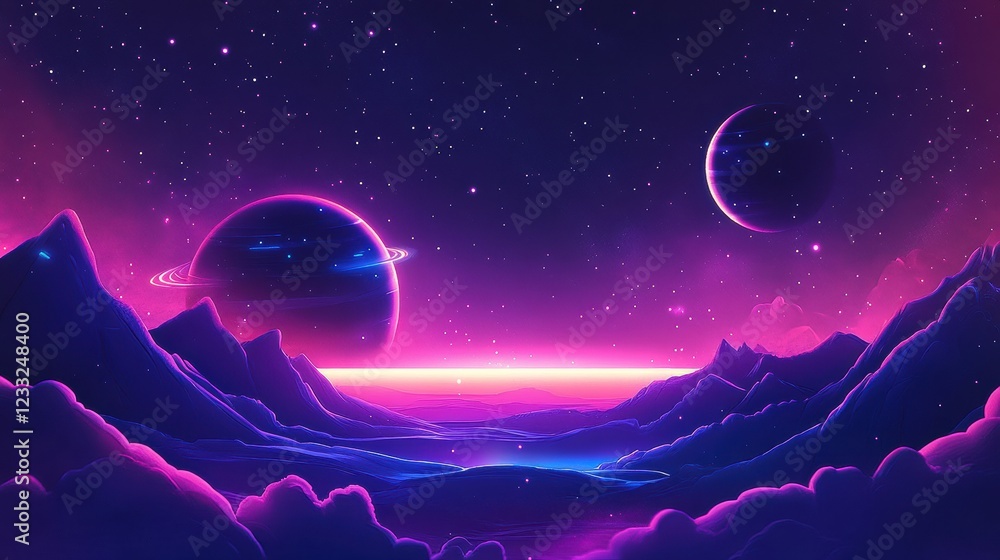 Cosmic Landscape with Planets and Vibrant Colors in Night Sky Cosmic Landscape with Planets and Vibrant Colors in Night Sky
