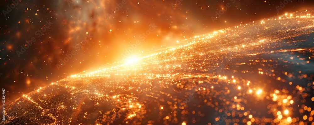 Naklejka premium A vibrant cosmic landscape depicting an illuminated planet with glowing particles.