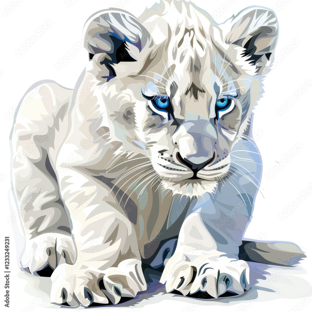 Fototapeta premium White Lion Cub with Striking Blue Eyes in a Playful Pose