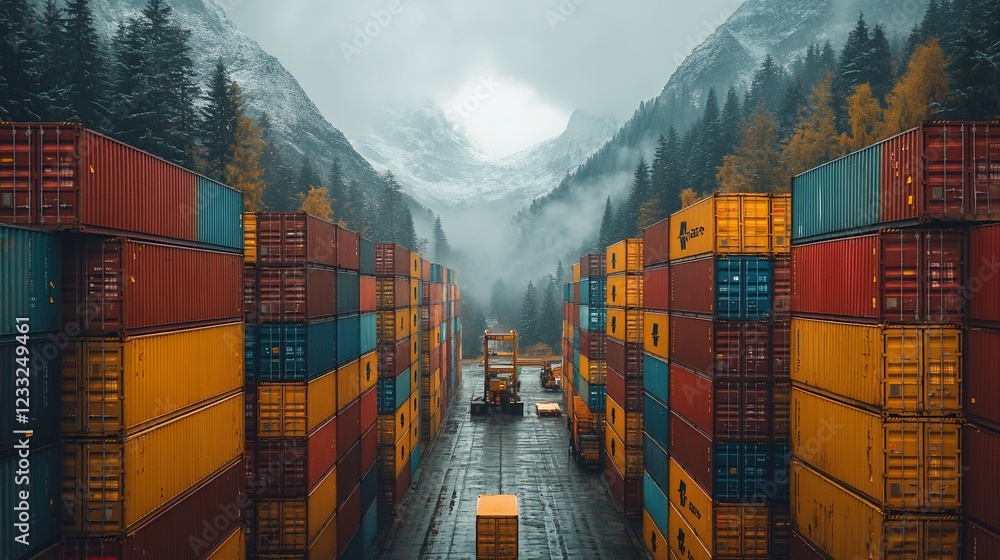 Fototapeta premium Colorful shipping containers stacked in a mountainous port with fog and autumn foliage