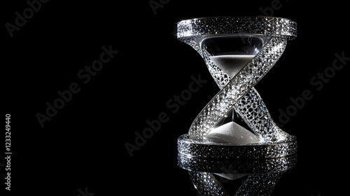 Shimmering Silver Sand in Hourglass on Reflective Surface photo