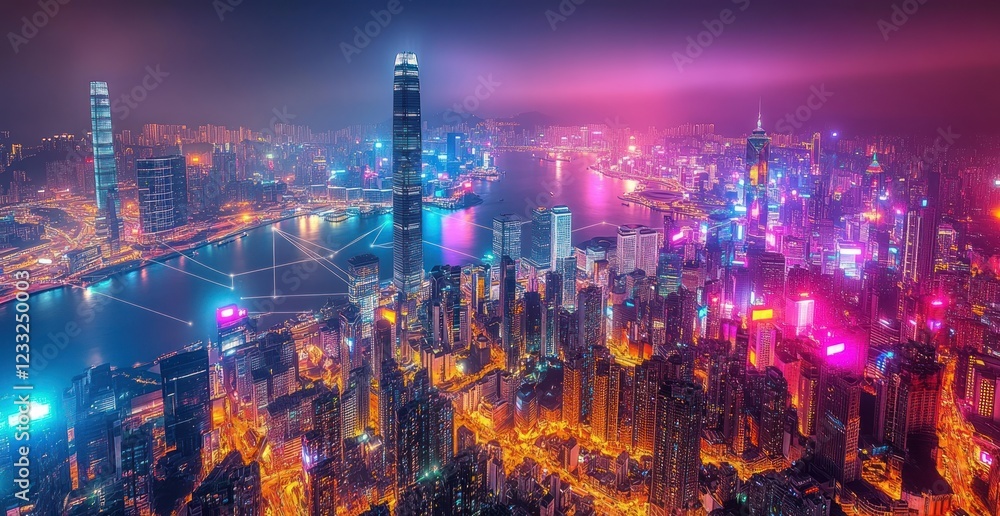 Obraz premium Vibrant Hong Kong Nightscape: A Dazzling Aerial View