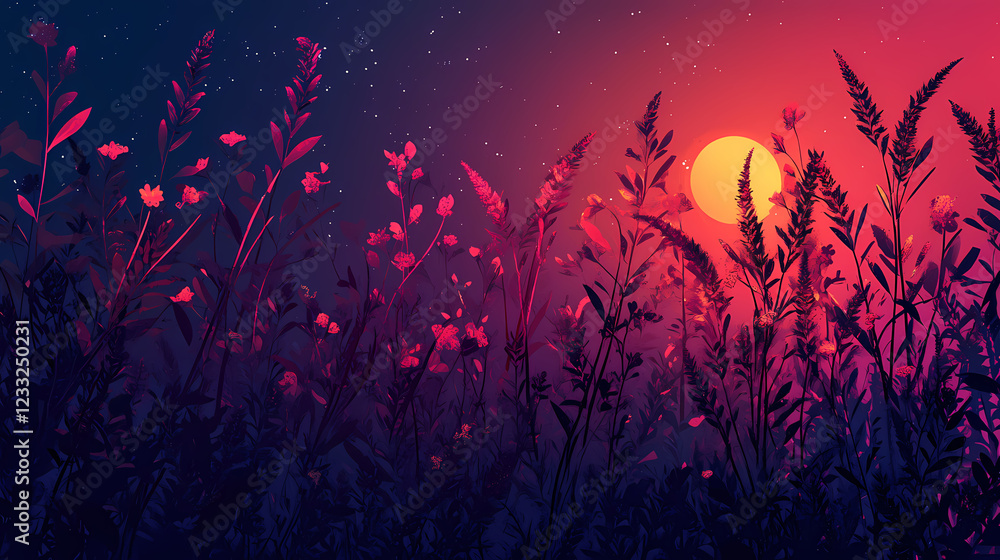 Meadow plants at night abstract background , meadow, plants, night, abstract, background, nature, outdoors, wildflowers, dark. Mystic Meadow. Illustration Meadow plants at night abstract background , meadow, plants, night, abstract, background, nature, outdoors, wildflowers, dark. Mystic Meadow. Illustration