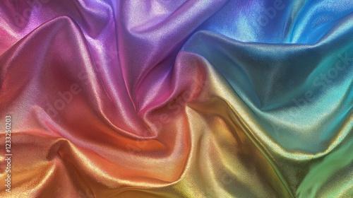 Iridescent chrome wavy gradient cloth fabric abstract close up, colorful color changing rainbow texture