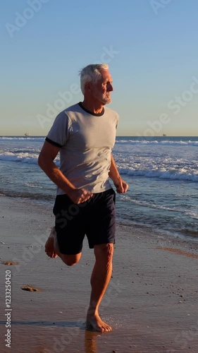 64 year old man getting his exercise at the beach at sunset. Slow Motion. Vertical Video.