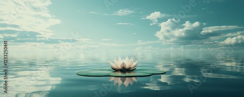 Serene water lily floats on calm lake under a cloudy sky; peaceful nature scene
