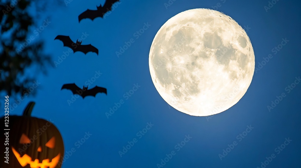 Halloween pumpkin, bats, full moon, night sky; spooky backdrop Halloween pumpkin, bats, full moon, night sky; spooky backdrop