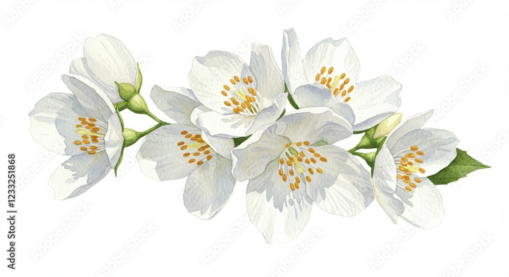 Obraz premium Exquisite Watercolor Painting of Jasmine Blossoms Delicate White Flowers Botanical Illustration