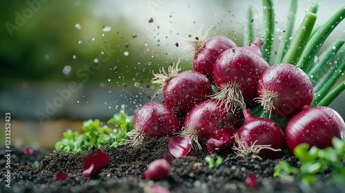 Delightful 3D Cartoon Animation Featuring a Bunch of Red Onions Sprouting Out of the Soil in a Vibrant Garden Environment