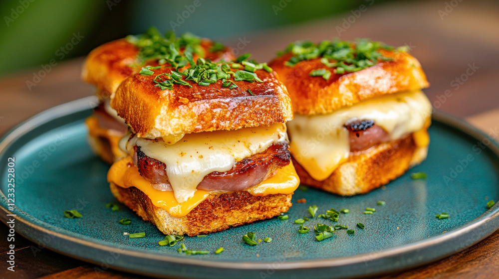 Ham cheese, A high-fidelity image of a plate featuring ham and cheese sliders, perfect for food-related content and stock image use. Ham cheese, A high-fidelity image of a plate featuring ham and cheese sliders, perfect for food-related content and stock image use.