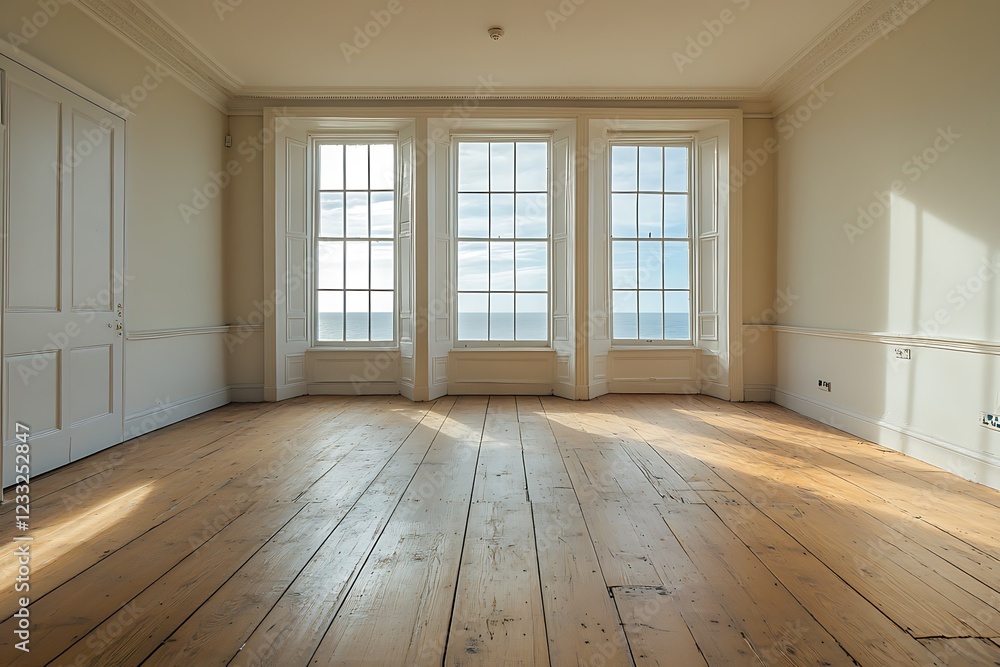 An unoccupied beach house apartment with wooden flooring and sea-view windows, providing a tranquil and expansive environment with generous space for creative endeavors. An unoccupied beach house apartment with wooden flooring and sea-view windows, providing a tranquil and expansive environment with generous space for creative endeavors.