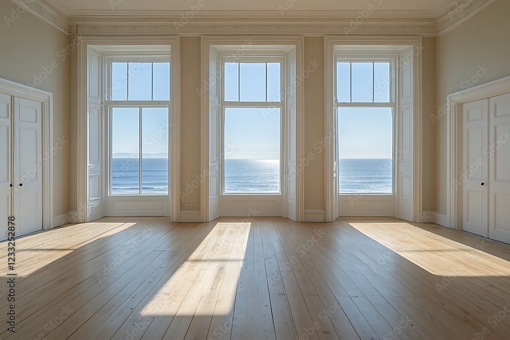 A vacant beach house apartment featuring wooden floors and windows that offer a view of the sea, creating a calm and open atmosphere with plenty of room for creative projects. A vacant beach house apartment featuring wooden floors and windows that offer a view of the sea, creating a calm and open atmosphere with plenty of room for creative projects.