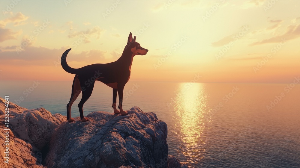 Doberman Pinscher standing alert on a cliff overlooking the ocean at sunset, dramatic realism
Doberman Pinscher standing alert on a cliff overlooking the ocean at sunset, dramatic realism