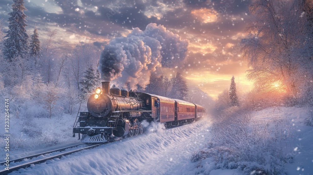 A majestic steam train travels through a snowy forest, its black and red engine billowing steam as it moves towards the right side of the image. A majestic steam train travels through a snowy forest, its black and red engine billowing steam as it moves towards the right side of the image.