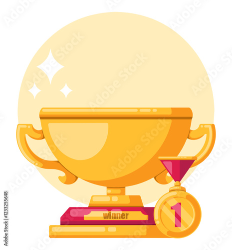 Vector gold trophy with gold medal number 1. Flat design style