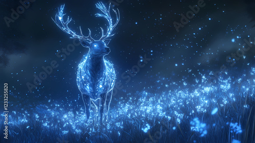 A mystical animal like a glowing stag surrounded by shimmering blue and white auras in a moonlit meadow rare aura enchanted spirit. Mystic Meadow. Illustration photo