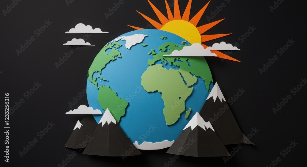 Naklejka premium Artful globe with papercraft mountains, clouds, and sun, a conceptual piece of generative art, Generative AI
